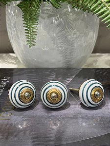 Puxador em Cerâmica - Pintado - Verde e Branco - Acabamento Dourado