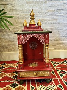 Escultura Altar Indiano - Decorativo - Com Gaveta - Pintado à mão - Vermelho e Colorido