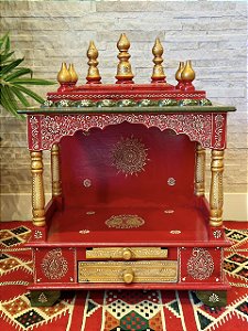 Escultura Altar Indiano - Decorativo - Com Gaveta - Pintado à mão - Vermelho e Colorido