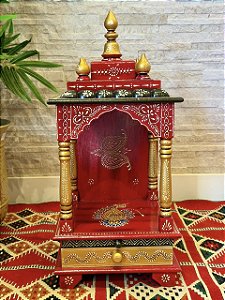 Escultura Altar Indiano - Decorativo - Com Gaveta - Pintado à mão - Vermelho e Colorido