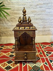 Escultura Altar Indiano - Decorativo - Com Gaveta - Pintado à mão - Cobre e Dourado