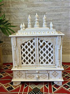 Escultura Altar Indiano - Decorativo - Com Gaveta - Pintado à mão - Branco e Amarelo