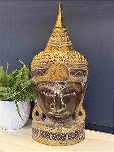 Cabeça Buda - Madeira - Marrom, Branco e Dourado