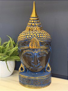 Cabeça Buda - Madeira - Marrom, Azul e Dourado