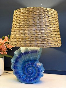 Abajur - Cerâmica - Concha - Azul com Cúpula de Palha