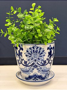 Cachepot em Cerâmica - Flores - Azul e Branco - 13CM