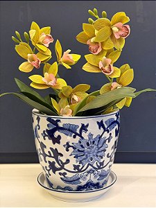 Cachepot em Cerâmica - Flores - Azul e Branco - 20CM