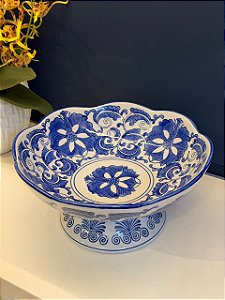 Centro de Mesa em Cerâmica - Fruteira - Azul e Branco