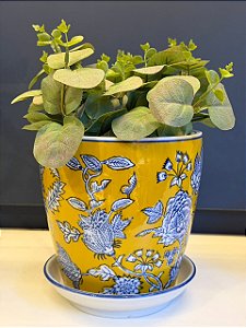 Cachepot em Cerâmica - Amarelo e Azul - 16CM