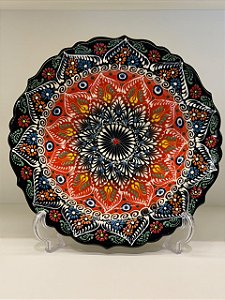 Prato de Parede Grande - Turquia - Decorativo - Cerâmica - Preto, Laranja e Colorido