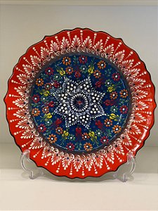 Prato de Parede Grande - Turquia - Decorativo - Cerâmica - Laranja, Azul e Colorido