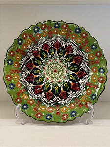 Prato de Parede Grande - Turquia - Decorativo - Cerâmica - Verde, Preto e Colorido