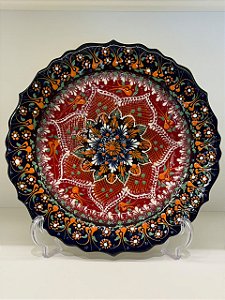 Prato de Parede Grande - Turquia - Decorativo - Cerâmica - Preto, Vermelho e Colorido