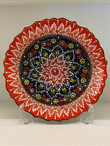 Prato de Parede Grande - Turquia - Decorativo - Cerâmica - Laranja, Preto e Colorido