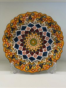 Prato de Parede Grande - Turquia - Decorativo - Cerâmica - Amarelo e Colorido