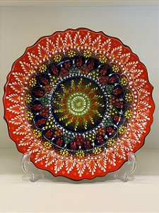Prato de Parede Grande - Turquia - Decorativo - Cerâmica - Laranja, Preto e Colorido