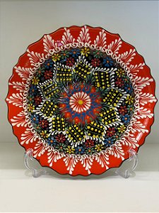 Prato de Parede Grande - Turquia - Decorativo - Cerâmica - Laranja, Preto e Colorido