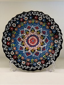 Prato de Parede Grande - Turquia - Decorativo - Cerâmica - Preto, Azul e Colorido