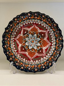 Prato de Parede Grande - Turquia - Decorativo - Cerâmica - Preto, Vermelho e Colorido