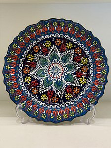 Prato de Parede Grande - Turquia - Decorativo - Cerâmica - Preto, Azul e Colorido