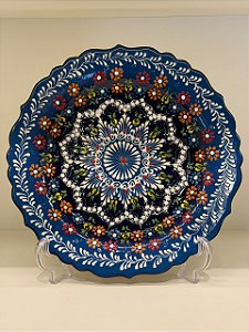 Prato de Parede Grande - Turquia - Decorativo - Cerâmica - Azul, Preto e Colorido
