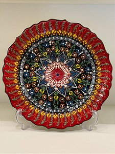 Prato de Parede Grande - Turquia - Decorativo - Cerâmica - Vermelho, Preto e Colorido