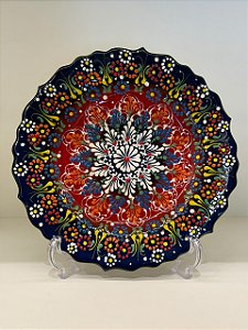 Prato de Parede Medio - Turquia - Decorativo - Cerâmica - Alto Relevo - Azul, Vermelho e Colorido