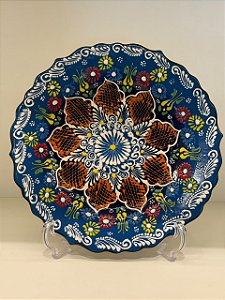 Prato de Parede Medio - Turquia - Decorativo - Cerâmica - Alto Relevo - Azul, Laranja e Colorido