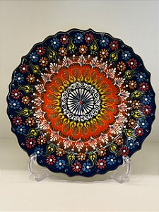 Prato de Parede Medio - Turquia - Decorativo - Cerâmica - Alto Relevo - Azul, Laranja e Colorido