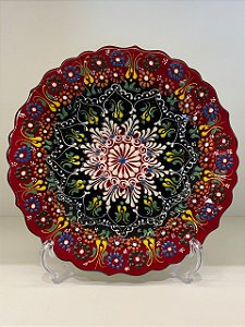 Prato de Parede Medio - Turquia - Decorativo - Cerâmica - Alto Relevo - Vermelho, Azul e Colorido