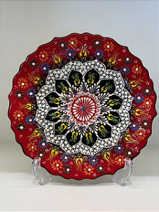 Prato de Parede Medio - Turquia - Decorativo - Cerâmica - Alto Relevo - Vermelho, Azul e Colorido