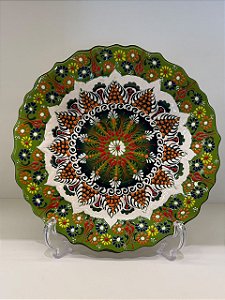 Prato de Parede Medio - Turquia - Decorativo - Cerâmica - Alto Relevo - Verde, Preto e Colorido