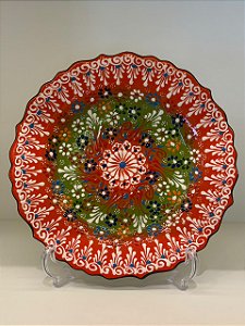 Prato de Parede Medio - Turquia - Decorativo - Cerâmica - Alto Relevo - Laranja, Verde e Colorido