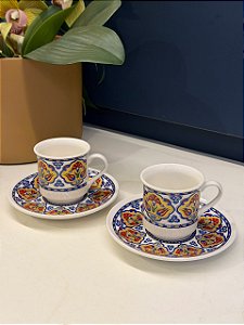 Par de Xícaras - Arabesco - Cerâmica - Azul, Vermelho e Dourado
