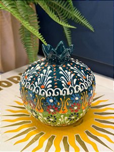 Romã Decorativa - Cerâmica - Pintado à mão - Turquia - Verde Escuro e Verde Claro - 11CM