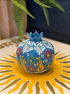 Romã Decorativa - Cerâmica - Pintado à mão - Azul - 7,5CM