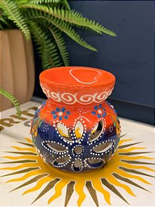 Porta Vela - Cerâmica - Laranja e Azul - 10CM