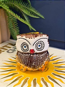 Coruja Decorativa - Cêramica - Pintado à mão - 9cm - Marrom e Laranja