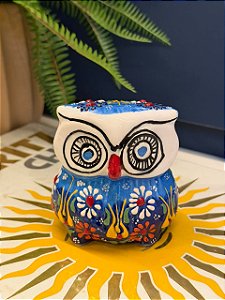 Coruja Decorativa - Cêramica - Pintado à mão - 9cm - Azul