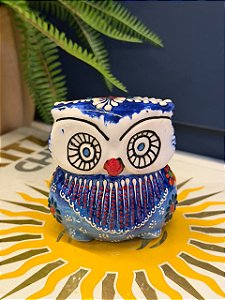 Coruja Decorativa - Cêramica - Pintado à mão - 9cm - Azul