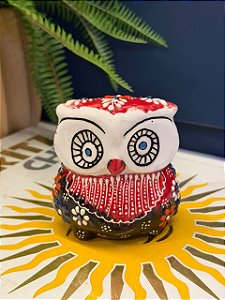 Coruja Decorativa - Cêramica - Pintado à mão - 9cm - Vermelho e Preto