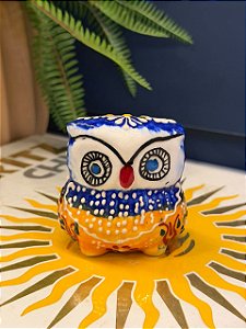 Coruja Decorativa - Cêramica - Pintado à mão - 7cm - Azul e Laranja