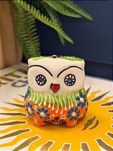 Coruja Decorativa - Cêramica - Pintado à mão - 7cm - Verde e Laranja