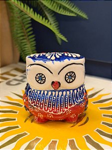 Coruja Decorativa - Cêramica - Pintado à mão - 7cm - Azul e Vermelho