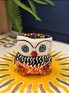 Coruja Decorativa - Cêramica - Pintado à mão - 7cm - Preto e Laranja