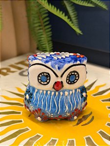 Coruja Decorativa - Cêramica - Pintado à mão - 7cm - Azul