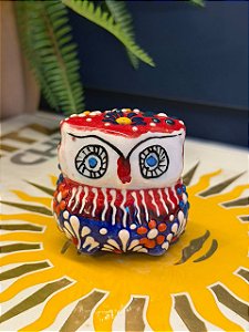 Coruja Decorativa - Cêramica - Pintado à mão - 6cm - Vermelho e Azul