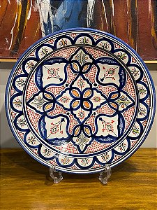 Prato Marroquino - Centro de Mesa 40CM - Cerâmica - Azul e Vermelho