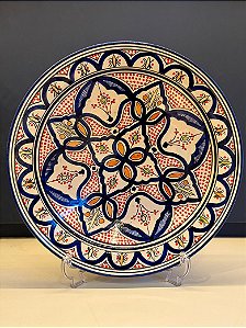 Prato Marroquino - Centro de Mesa 40CM - Cerâmica - Azul e Vermelho