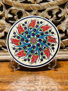 Descanso de Travessa e Panela - Turco - Redondo - Cerâmica - Azul e Vermelho